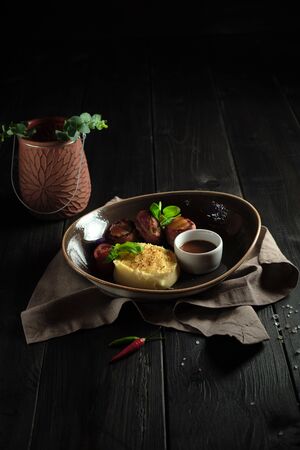 Bacon meat rolls with mashed potatoes. catering menuの写真素材