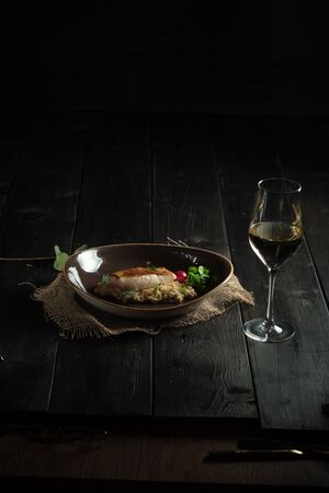 Meat steak with pearl barley . catering menuの写真素材