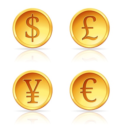 illustration of gold coins with 4 major currenciesのイラスト素材