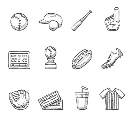 Baseball icons series hand drawn sketchesのイラスト素材