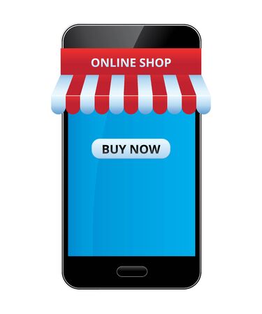 Smart phone with red and white ribbon awning. Online shop.のイラスト素材