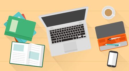 Student desktop with books, laptop, pens, phone on it.のイラスト素材