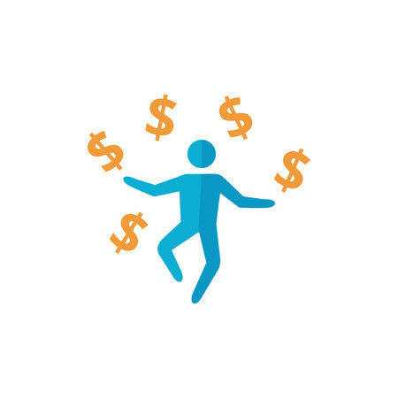 Businessman money icon in flat color styly wealth dollar sign happy jumpのイラスト素材