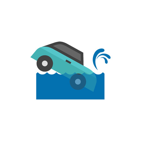 Drowned car icon in flat color style. Automotive natural accident flood insurance claimのイラスト素材