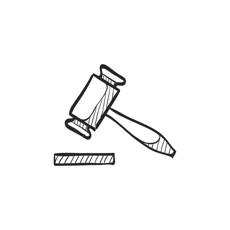 Wood hammer icon in doodle sketch lines. Law justice judge auction bidderのイラスト素材