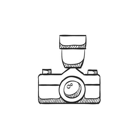 Camera icon in doodle sketch lines. Photography picture electronic imagingのイラスト素材