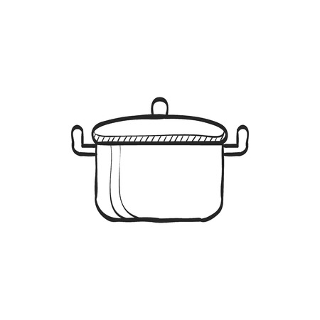 Cooking pan icon in doodle sketch lines. Food restaurant chef utensil boiling hot saucepanのイラスト素材
