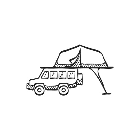 Portable camping tent icon in doodle sketch lines. Shelter vacation travel hiking mobile car automobile safari Africaのイラスト素材