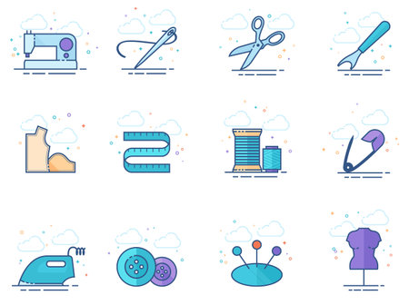 Sewing icons in flat colors style. Vector illustration.のイラスト素材