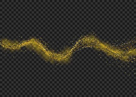Gold dust particles. Glitter sparkle trail on transsparent checkered background. Vector illustrationのイラスト素材