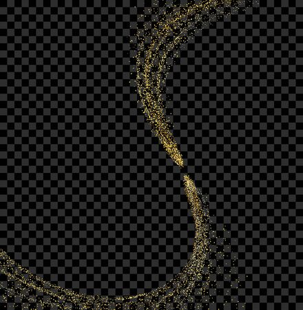 Gold dust particles. Transparent glitter sparkle trail on black background. Vector illustrationのイラスト素材
