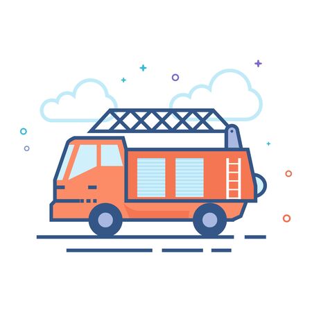 Fireman car truck icon in outlined flat color style. Vector illustration.のイラスト素材