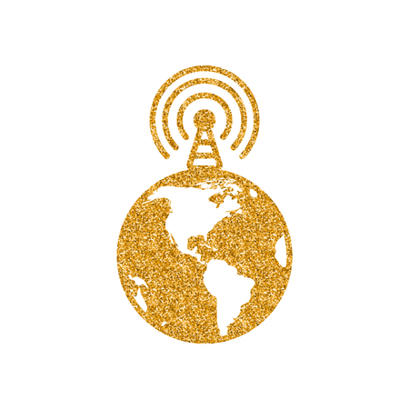 Globe podcast icon in gold glitter texture. Sparkle luxury style vector illustration.のイラスト素材
