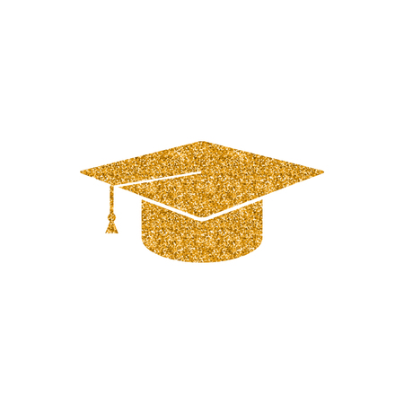 Graduation hat icon in gold glitter texture. Sparkle luxury style vector illustration.のイラスト素材