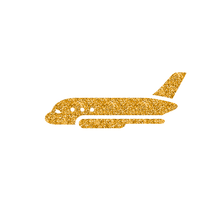 Airplane icon in gold glitter texture. Sparkle luxury style vector illustration.のイラスト素材