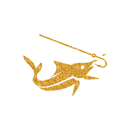 Hooked fish icon in gold glitter texture. Sparkle luxury style vector illustration.のイラスト素材