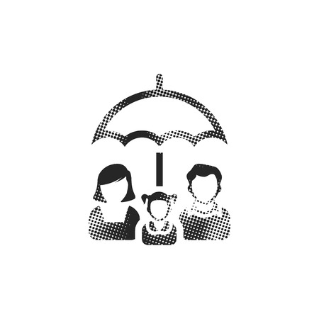 Family umbrella icon in halftone style. Black and white monochrome vector illustration.のイラスト素材