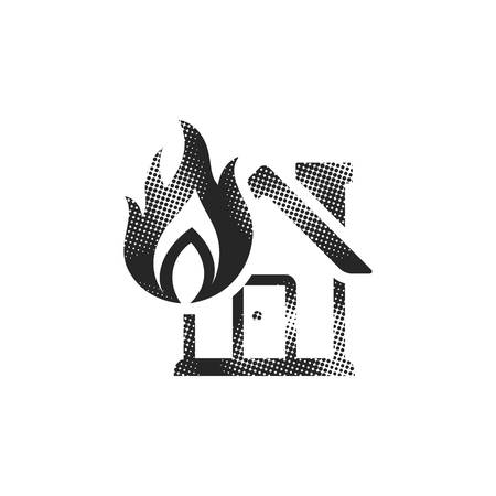 House fire icon in halftone style. Black and white monochrome vector illustration.のイラスト素材