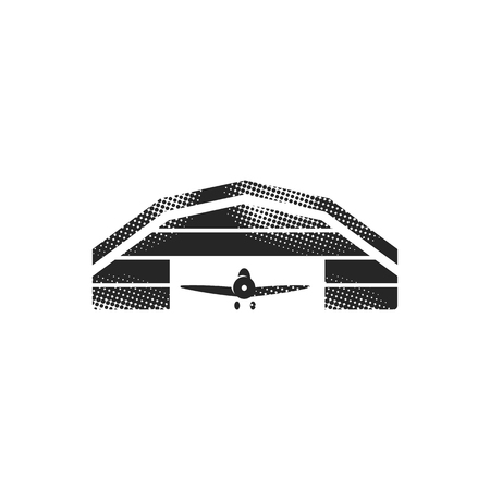 Airplane hangar icon in halftone style. Black and white monochrome vector illustration.のイラスト素材