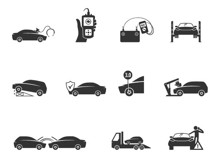 Car repair icons in black and white. Automotive vehicle maintenance service. Vector illustrations.のイラスト素材