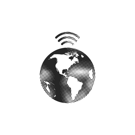 Globe podcast icon in halftone style. Black and white monochrome vector illustration.のイラスト素材