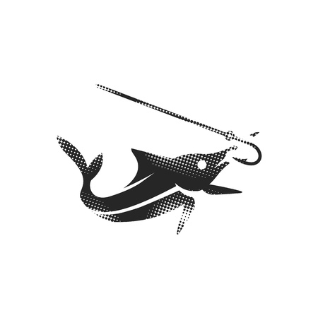 Hooked fish icon in halftone style. Black and white monochrome vector illustration.のイラスト素材