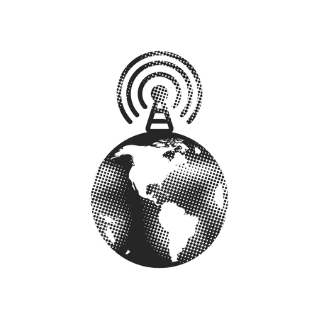 Globe podcast icon in halftone style. Black and white monochrome vector illustration.のイラスト素材