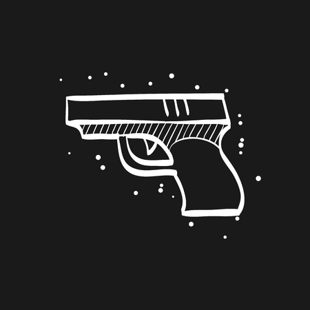 Arm gun icon in doodle sketch lines. Pistol automatic police justice crime trigger protectionのイラスト素材