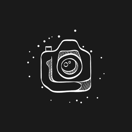 Camera icon in doodle sketch lines. Photography picture electronic imaging digital SLR reflexのイラスト素材