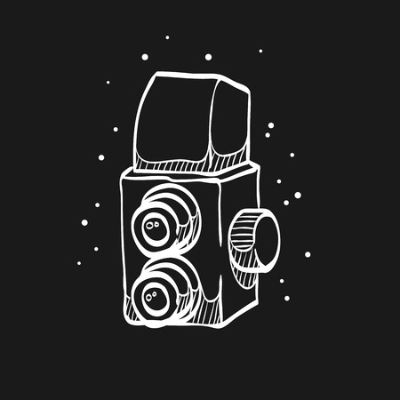 Twin lens reflex camera icon in doodle sketch lines. Vintage retro photography photo mechanical analog film shootingのイラスト素材