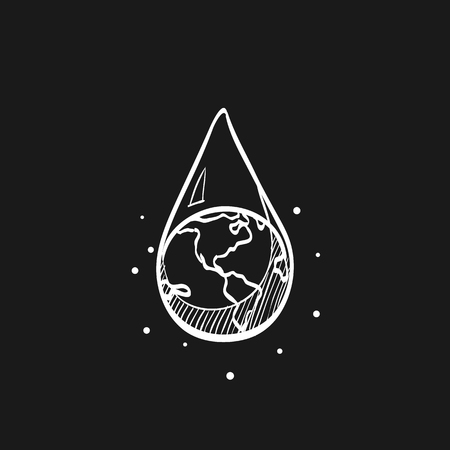 Earth water drop icon in doodle sketch lines. Climate change, conservationのイラスト素材