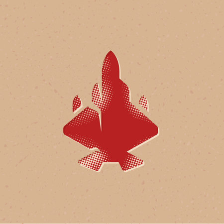 Fighter jet icon in halftone style. Grunge background vector illustration.のイラスト素材