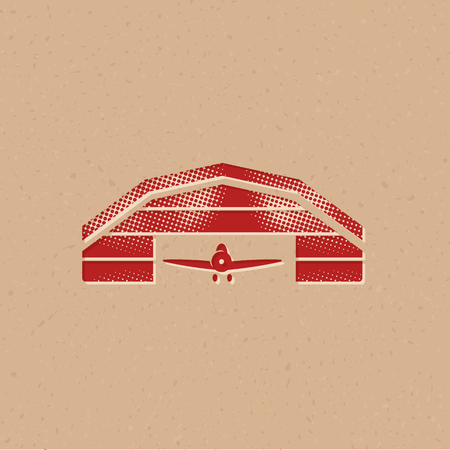 Airplane hangar icon in halftone style. Grunge background vector illustration.のイラスト素材