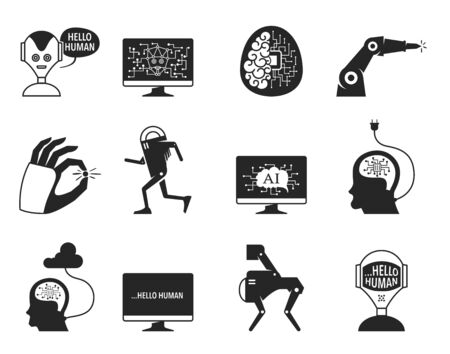 Artificial intelligence concept icons in black and white. Industrial technology vector illustration.のイラスト素材