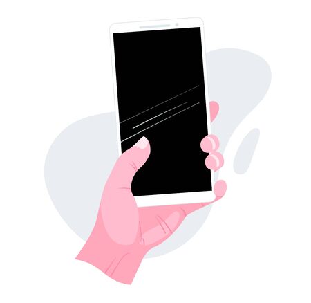 Hand holding smart phone template. Black blank copy space. Technology vector illustration.のイラスト素材