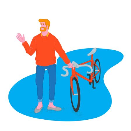 Bearded cyclist holding his bicycle. Orange sweater. Lifestyle vector illustration.のイラスト素材