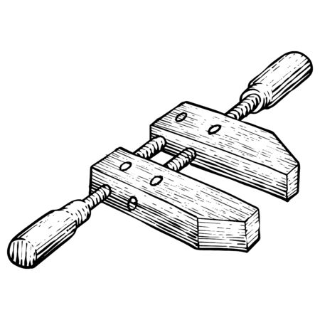 Wooden Clamp icon in sketch style. Woodworking tool vector illustration.のイラスト素材
