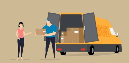 A man handing over parcel to a woman. Online shop parcel delivery. Vector illustration.のイラスト素材