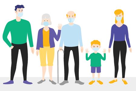 Family of 5 wears face masks. Virus transmission prevention. Smog protection.のイラスト素材