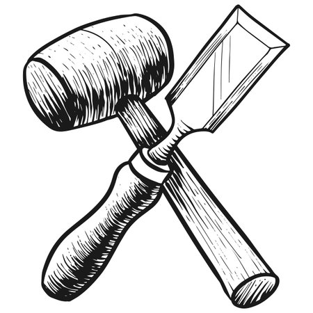 Chisel and mallet icon in sketch style. Woodworking tool vector illustration.のイラスト素材