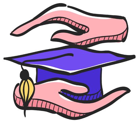 Hand holding diploma icon in color drawing. Education school protection security graduate diploma insuranceのイラスト素材