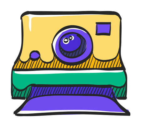 Instant camera icon in color drawing. Vintage retro photography photo mechanical analog film shooting instant paperのイラスト素材
