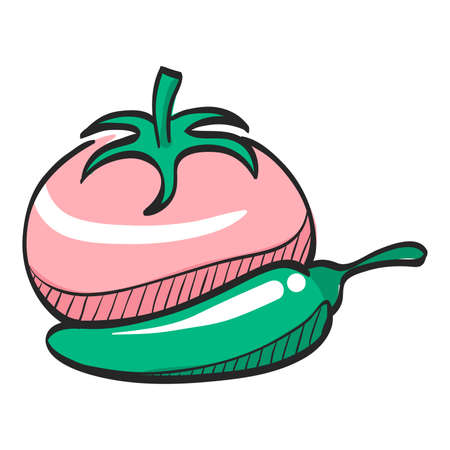 Tomato and pepper icon in color drawing. Spice cooking healthy lifestyleのイラスト素材