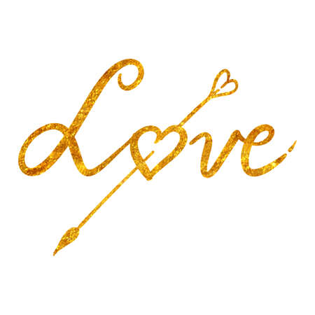 hand drawn love text in gold texture. vector illustration.のイラスト素材