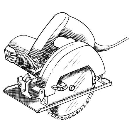 Circular saw hand drawn illustration. Industrial woodworking hobbyのイラスト素材