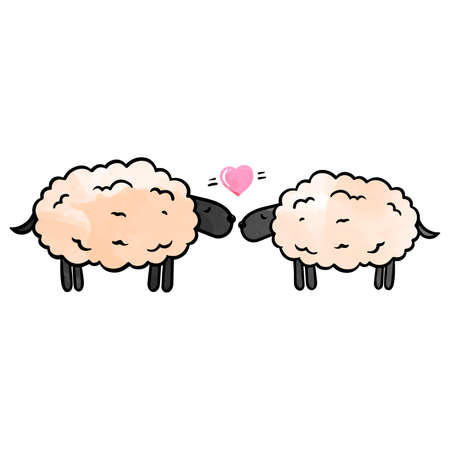 Watercolor style hand drawn two sheep and a heart shapeのイラスト素材