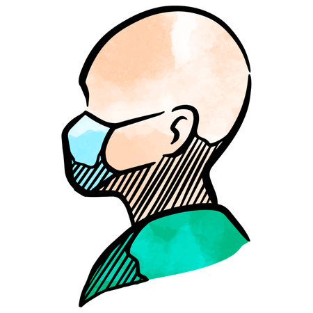 Watercolor style human head figure wearing medical face maskのイラスト素材