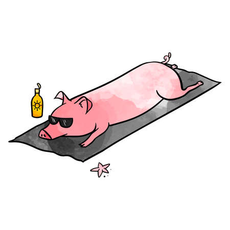 Watercolor style pig laying at the beach hand drawnのイラスト素材