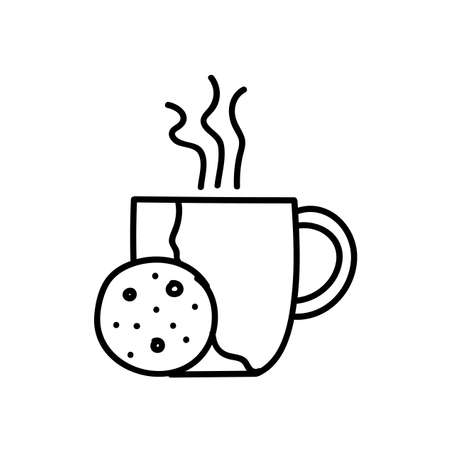 Drinking cup and a biscuit icon. Coffee, tea, milk, chocolate beverage. Hand drawn vector illustration. Editable line strokeのイラスト素材