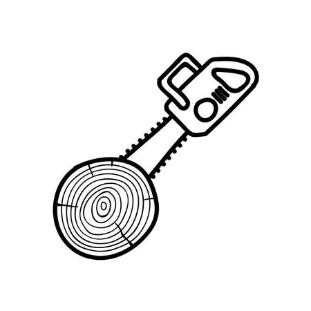 Chain saw cutting wood log. Hand drawn vector illustration. Editable line strokeのイラスト素材